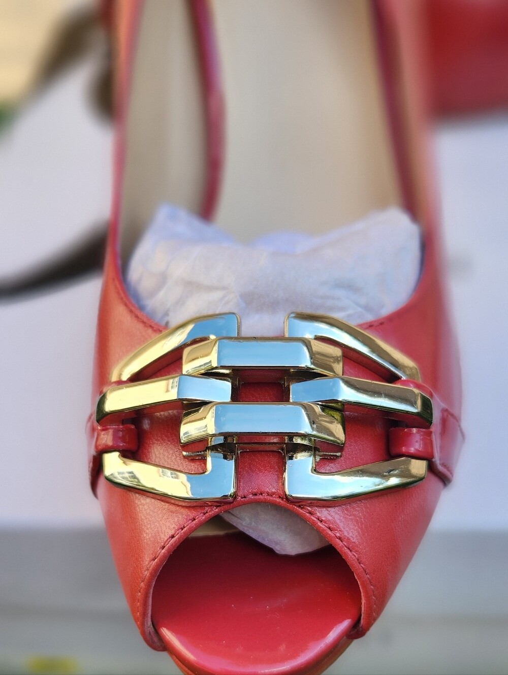 Coral Leather Peep-Toe Heels with Gold Chain Accent